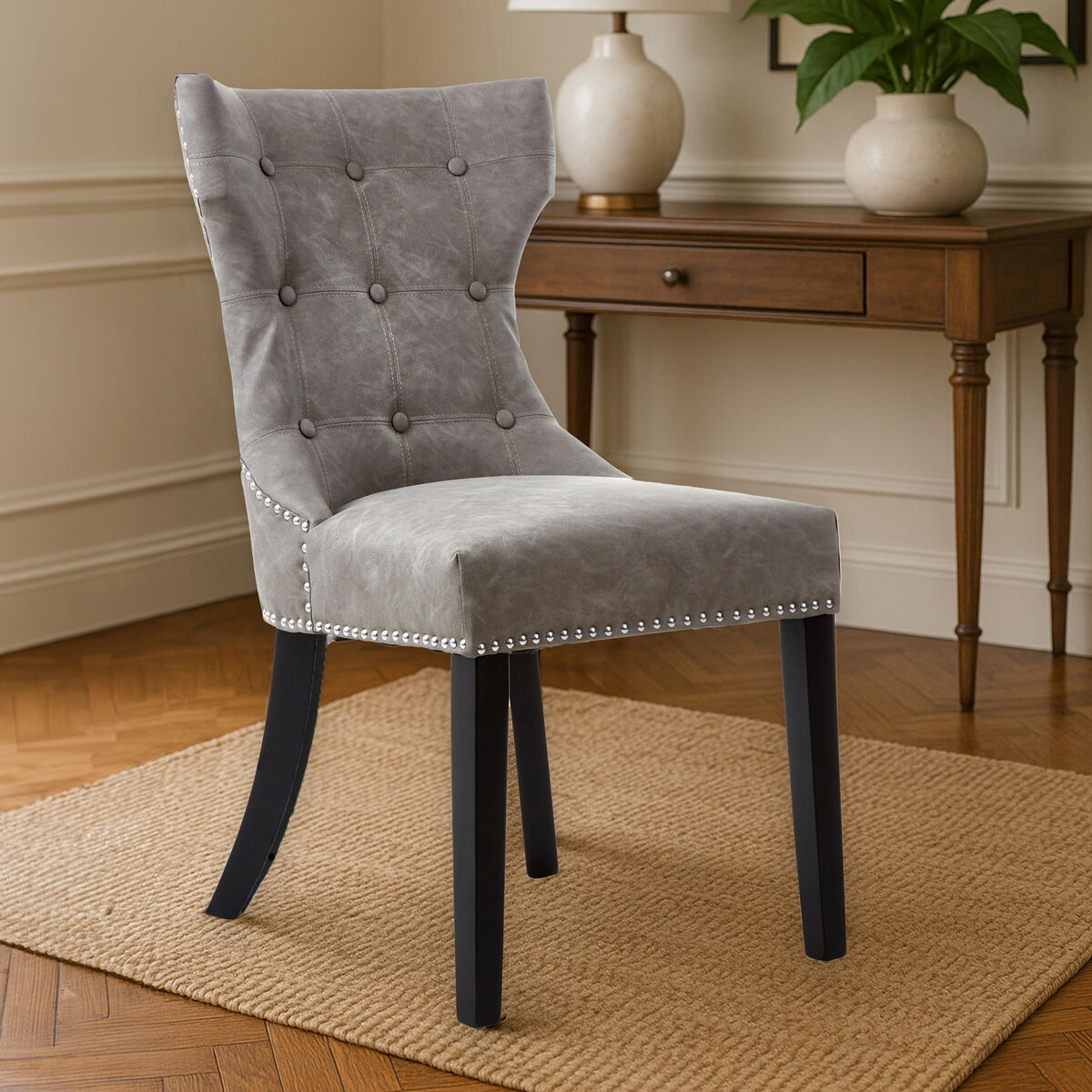 Daxton Grey Leather Effect Button Tufted Dining Chair