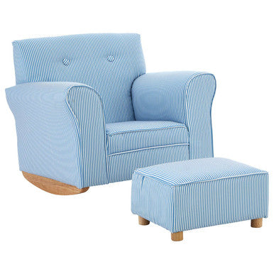 Kids Blue and White Striped Rocking Chair with Footstool