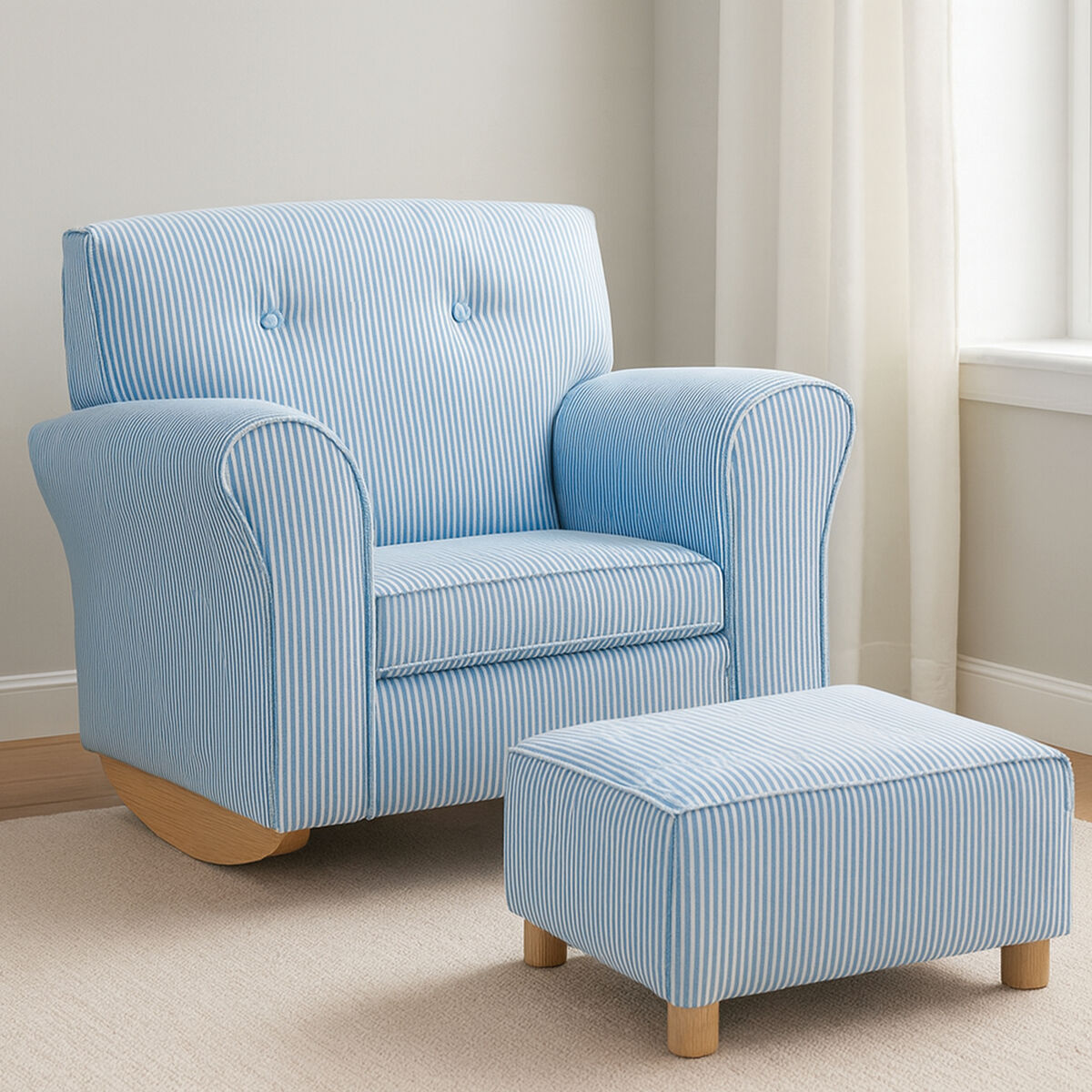 Kids Blue and White Striped Rocking Chair with Footstool