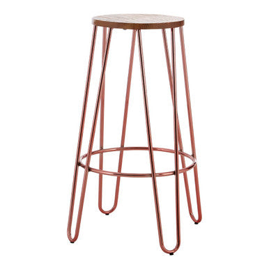 District Wooden Bar Stool with Rose Gold Finish Hairpin Legs
