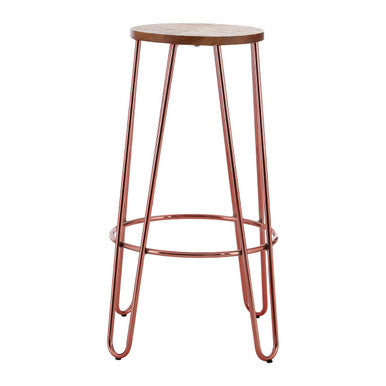 District Wooden Bar Stool with Rose Gold Finish Hairpin Legs