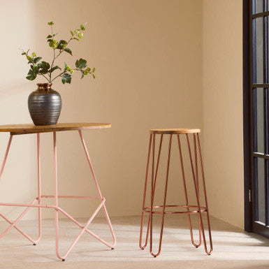 District Wooden Bar Stool with Rose Gold Finish Hairpin Legs