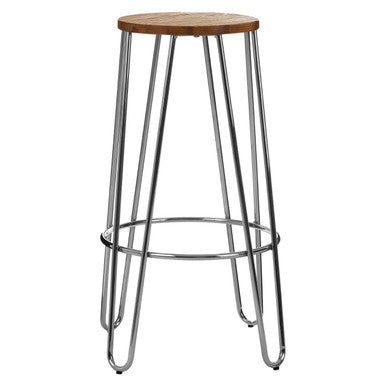 District Elm Wood Bar Stool with Chrome Finish Hairpin Legs