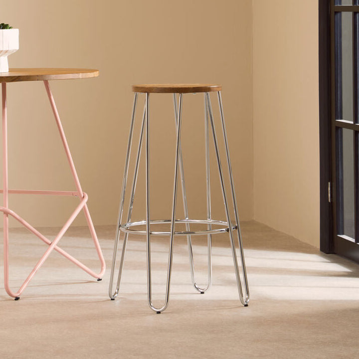 District Elm Wood Bar Stool with Chrome Finish Hairpin Legs