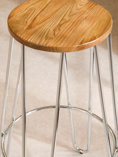 District Elm Wood Bar Stool with Chrome Finish Hairpin Legs