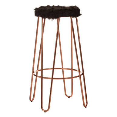 District Black Faux Fur Bar Stool with Rose Gold Hairpin Legs