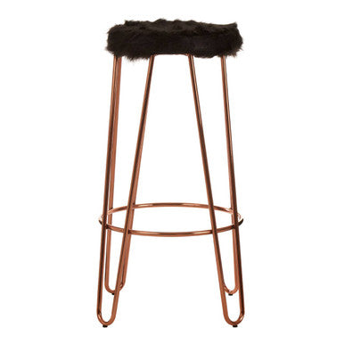 District Black Faux Fur Bar Stool with Rose Gold Hairpin Legs