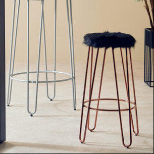 District Black Faux Fur Bar Stool with Rose Gold Hairpin Legs