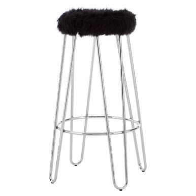 District Black Faux Fur Bar Stool with Chrome Finish Hairpin Legs