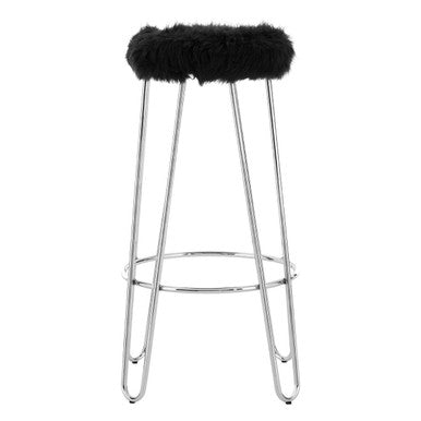 District Black Faux Fur Bar Stool with Chrome Finish Hairpin Legs