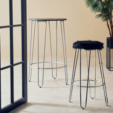 District Black Faux Fur Bar Stool with Chrome Finish Hairpin Legs