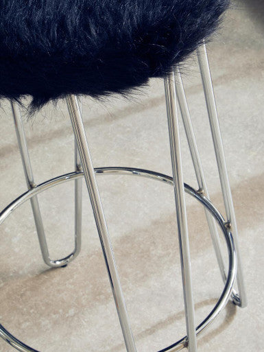 District Black Faux Fur Bar Stool with Chrome Finish Hairpin Legs