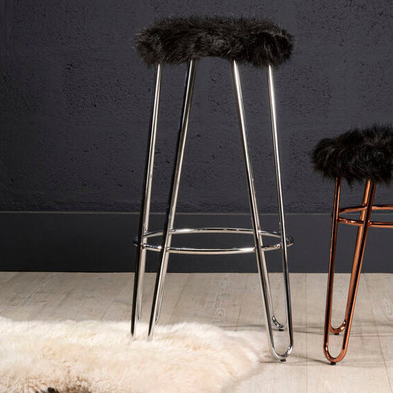 District Black Faux Fur Bar Stool with Chrome Finish Hairpin Legs