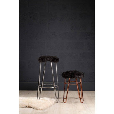 District Black Faux Fur Bar Stool with Chrome Finish Hairpin Legs