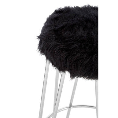 District Black Faux Fur Bar Stool with Chrome Finish Hairpin Legs