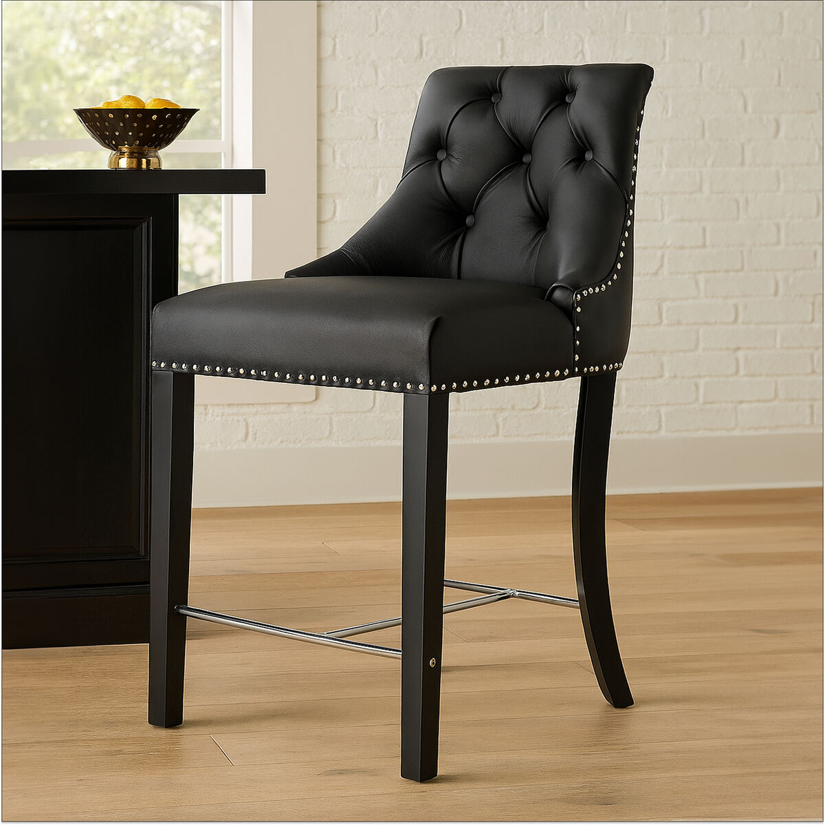 Regents Park Black Leather Effect Button Tufted Bar Chair