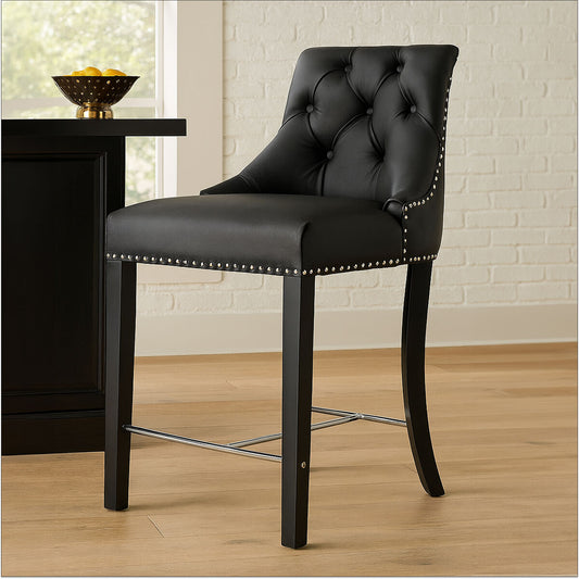 Regents Park Black Leather Effect Button Tufted Bar Chair