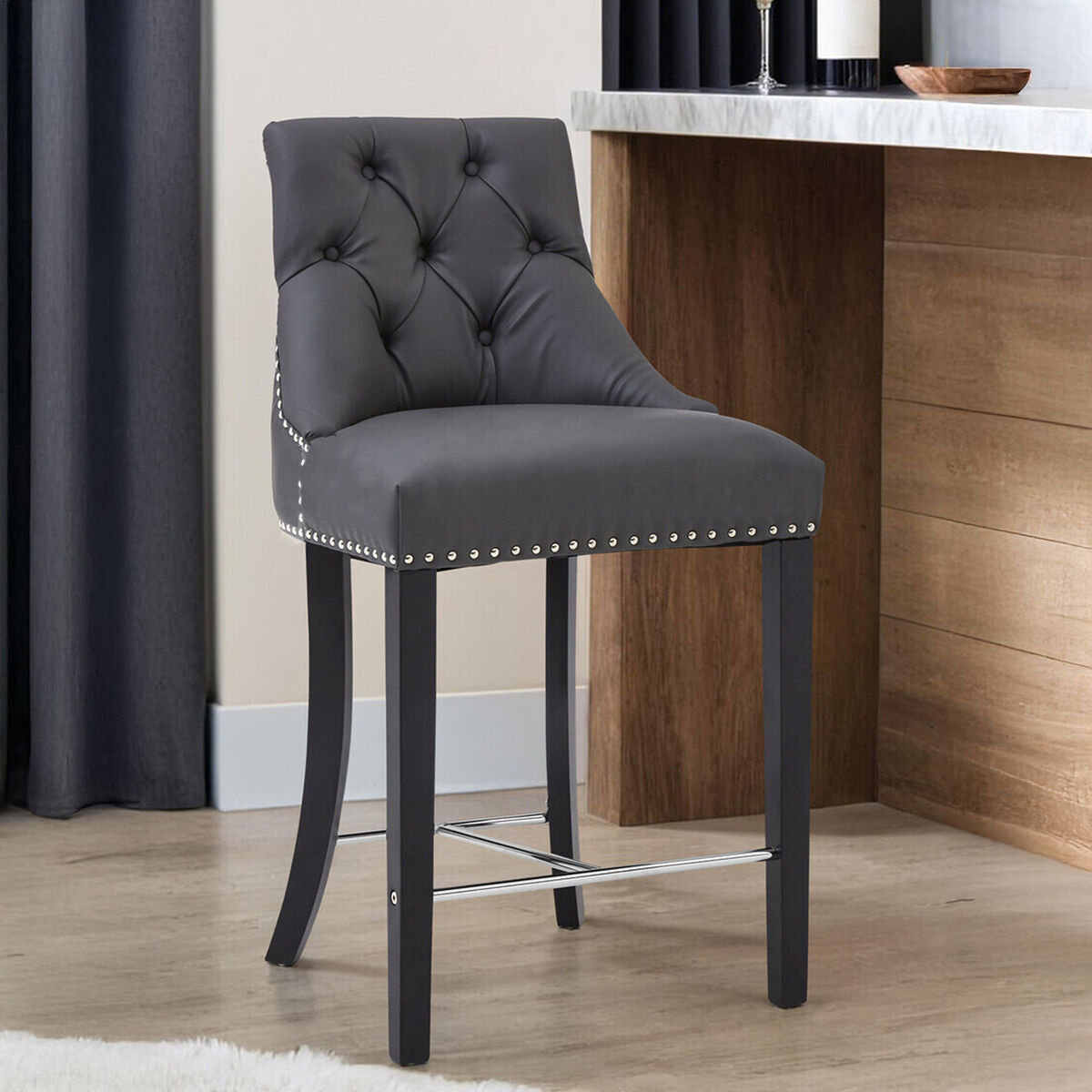Regents Park Grey Leather Effect Button Tufted Bar Chair