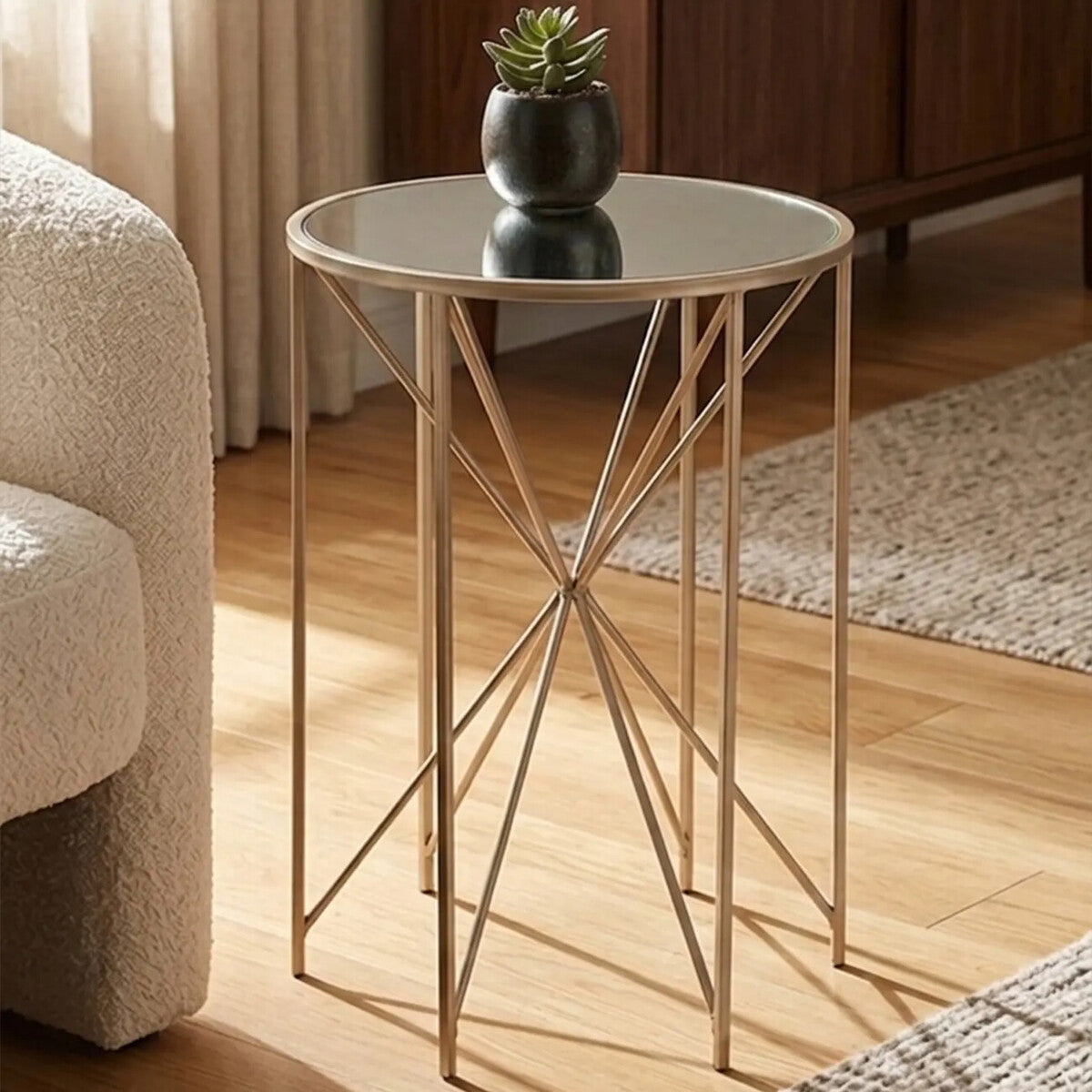 Arcana Champagne Finish Round Side Table with Mirrored Top