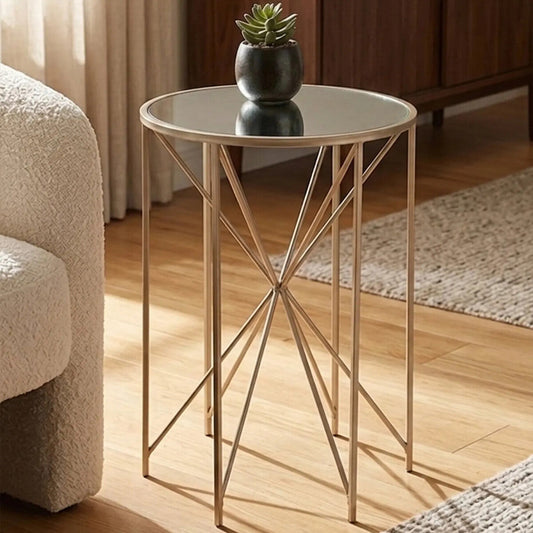 Arcana Champagne Finish Round Side Table with Mirrored Top