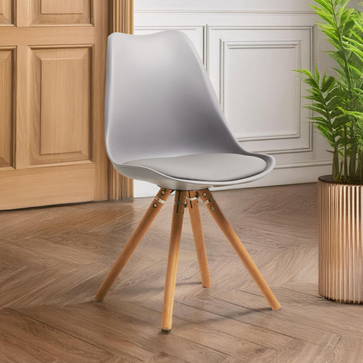 Stockholm Grey Moulded Plastic Dining Chair with Faux Leather Seat and Wood Legs