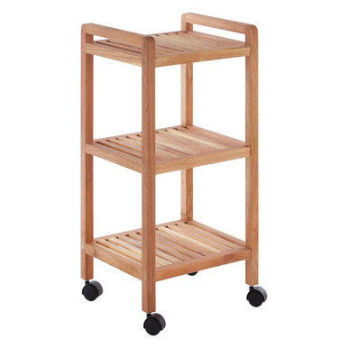Arla Natural Walnut Wood 3 Tier Bathroom Shelf Unit with Wheels