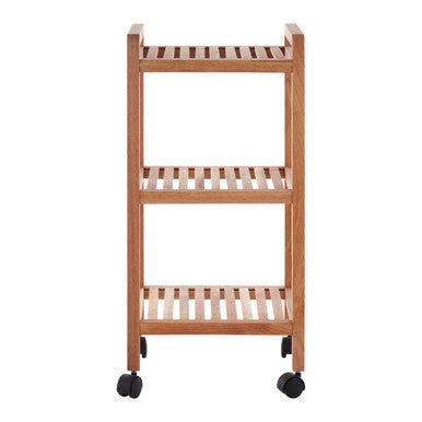 Arla Natural Walnut Wood 3 Tier Bathroom Shelf Unit with Wheels