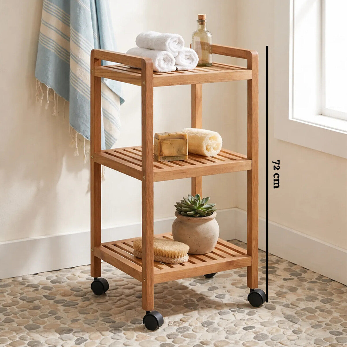Arla Natural Walnut Wood 3 Tier Bathroom Shelf Unit with Wheels