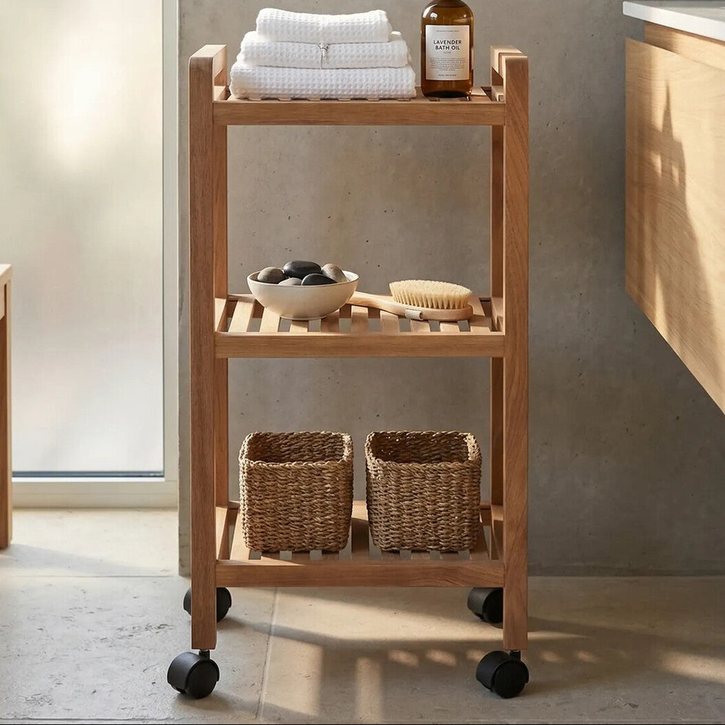 Arla Natural Walnut Wood 3 Tier Bathroom Shelf Unit with Wheels