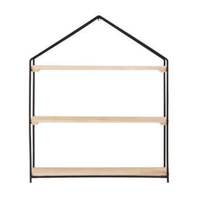 Brixton Black and Natural Wooden 3 Tier House Shaped Wall Shelf