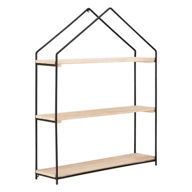Brixton Black and Natural Wooden 3 Tier House Shaped Wall Shelf