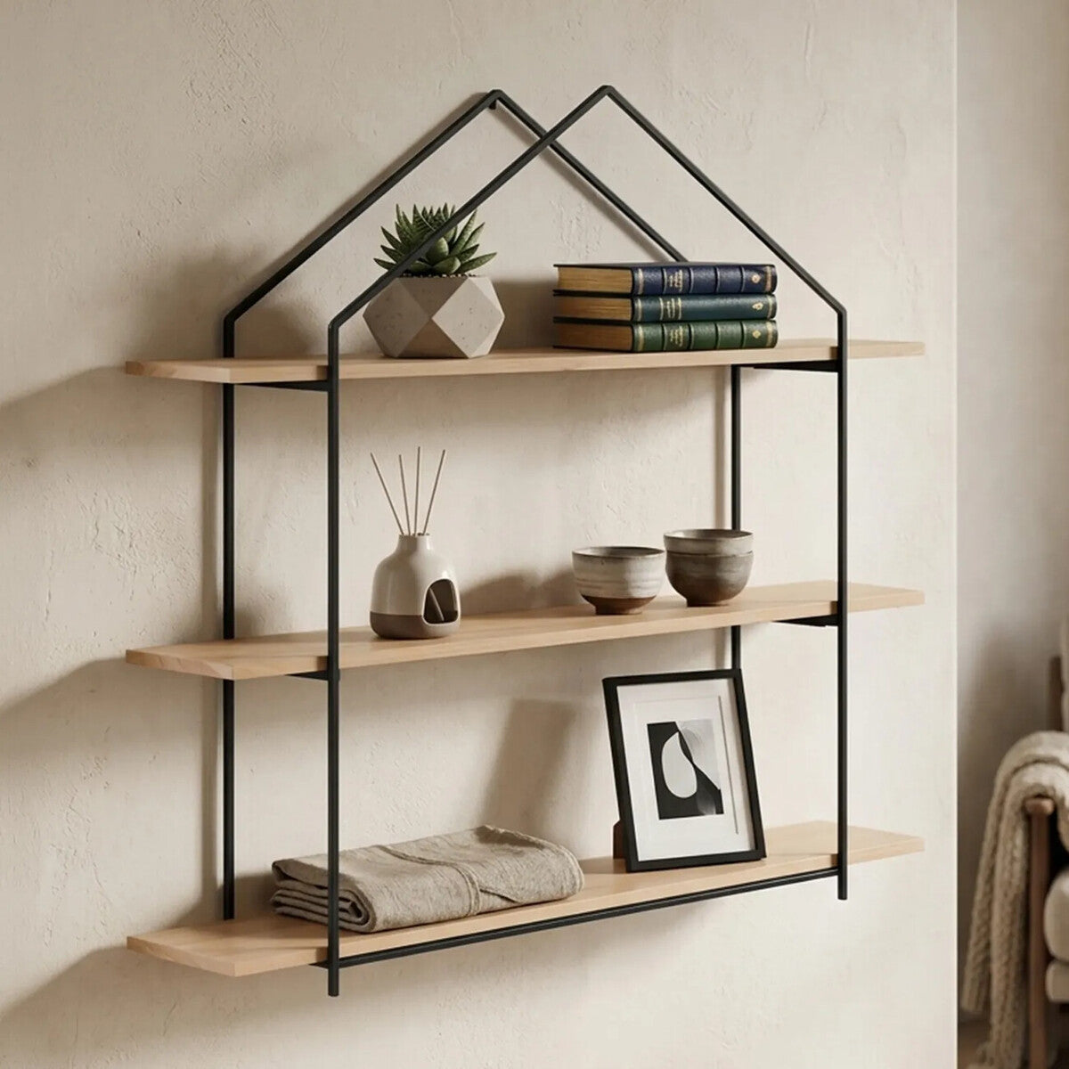 Brixton Black and Natural Wooden 3 Tier House Shaped Wall Shelf