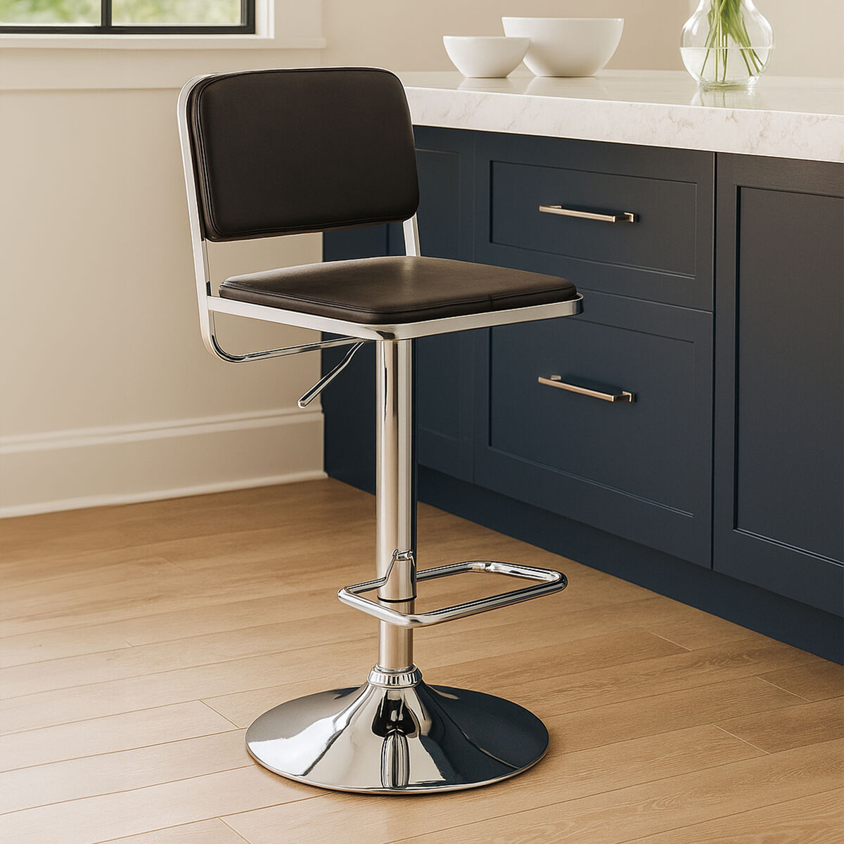 Stockholm Black Leather Effect Adjustable Bar Stool with Chrome Finish Base