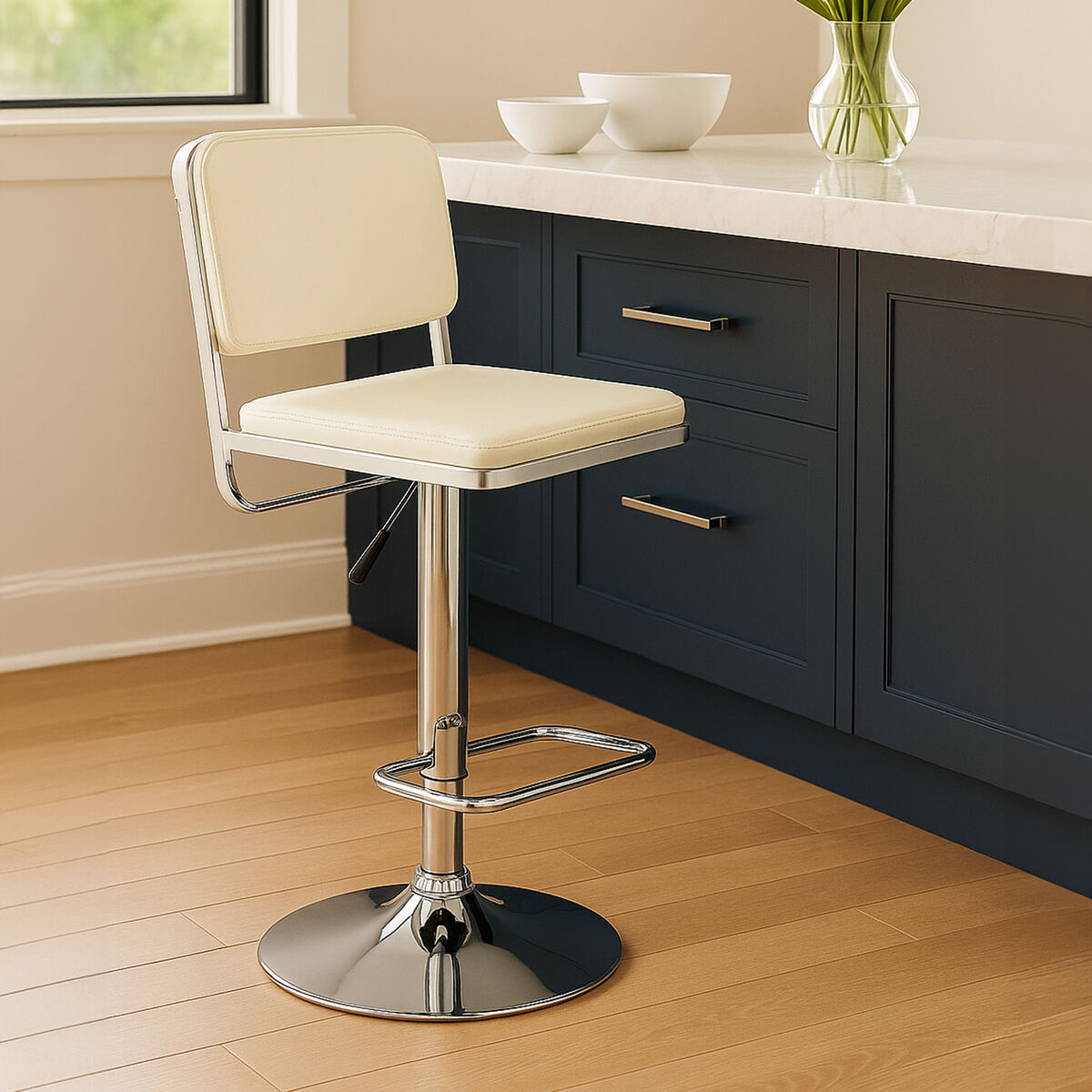 Stockholm White Leather Effect Adjustable Bar Stool with Chrome Finish Base