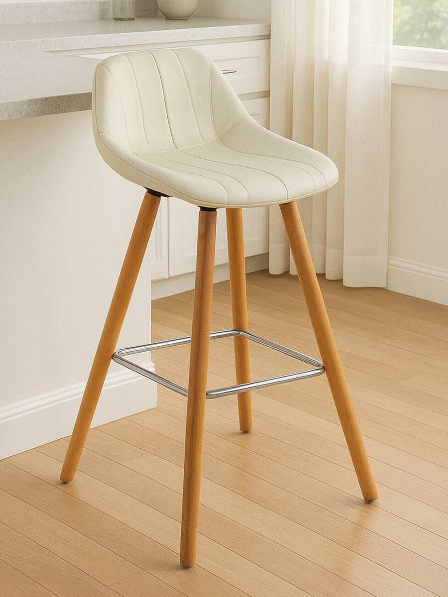 Stockholm White Leather Effect Bar Stool with Wooden Legs