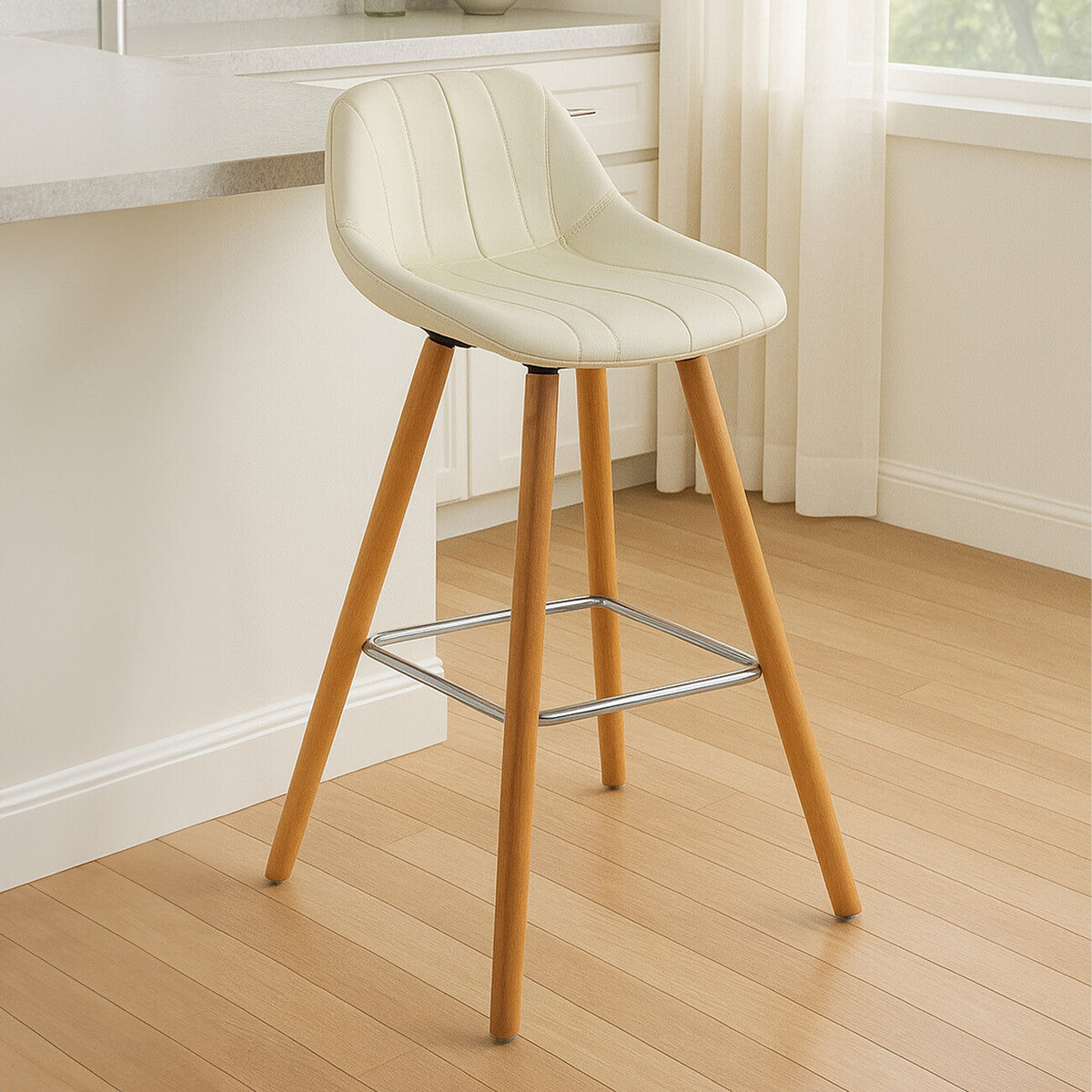 Stockholm White Leather Effect Bar Stool with Wooden Legs