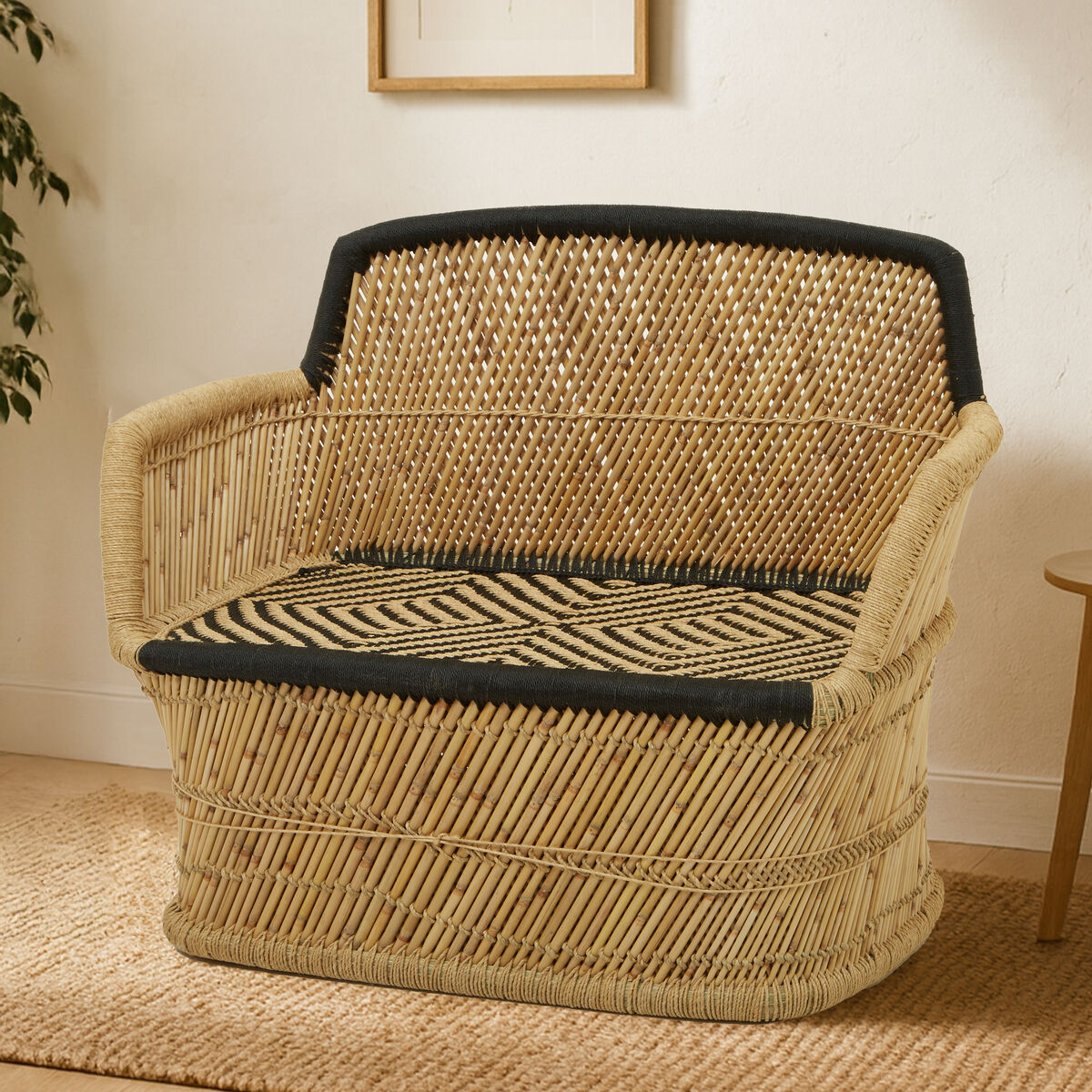 Rowan Natural and Black Woven Bamboo 2 Seater Sofa