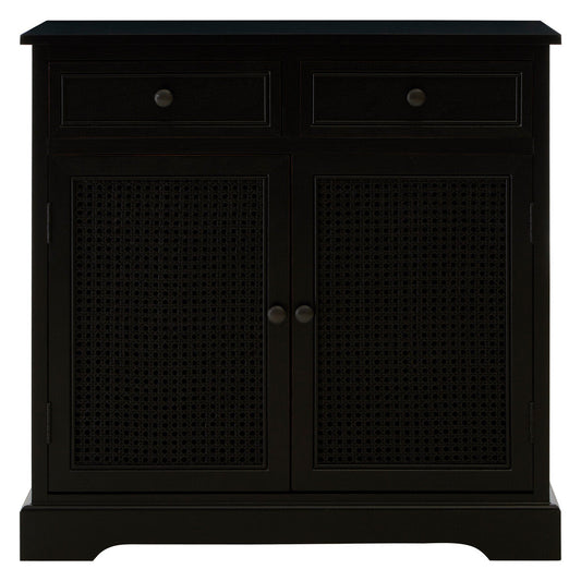 Black Wooden and Rattan 2 Door Sideboard with Drawers