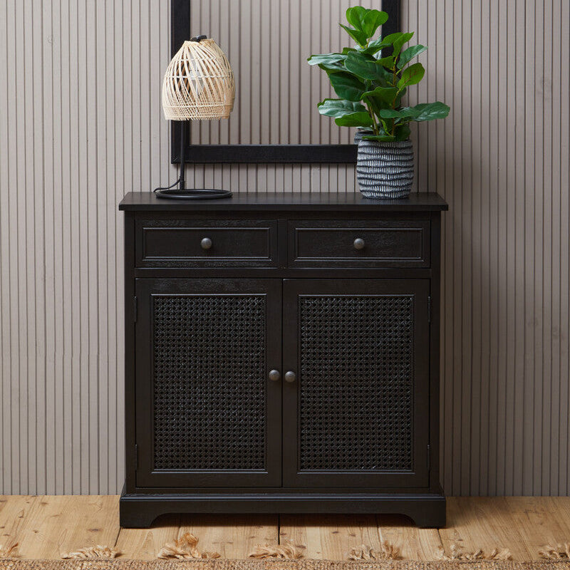 Heritage Black Wooden and Rattan 2 Door Sideboard with Drawers