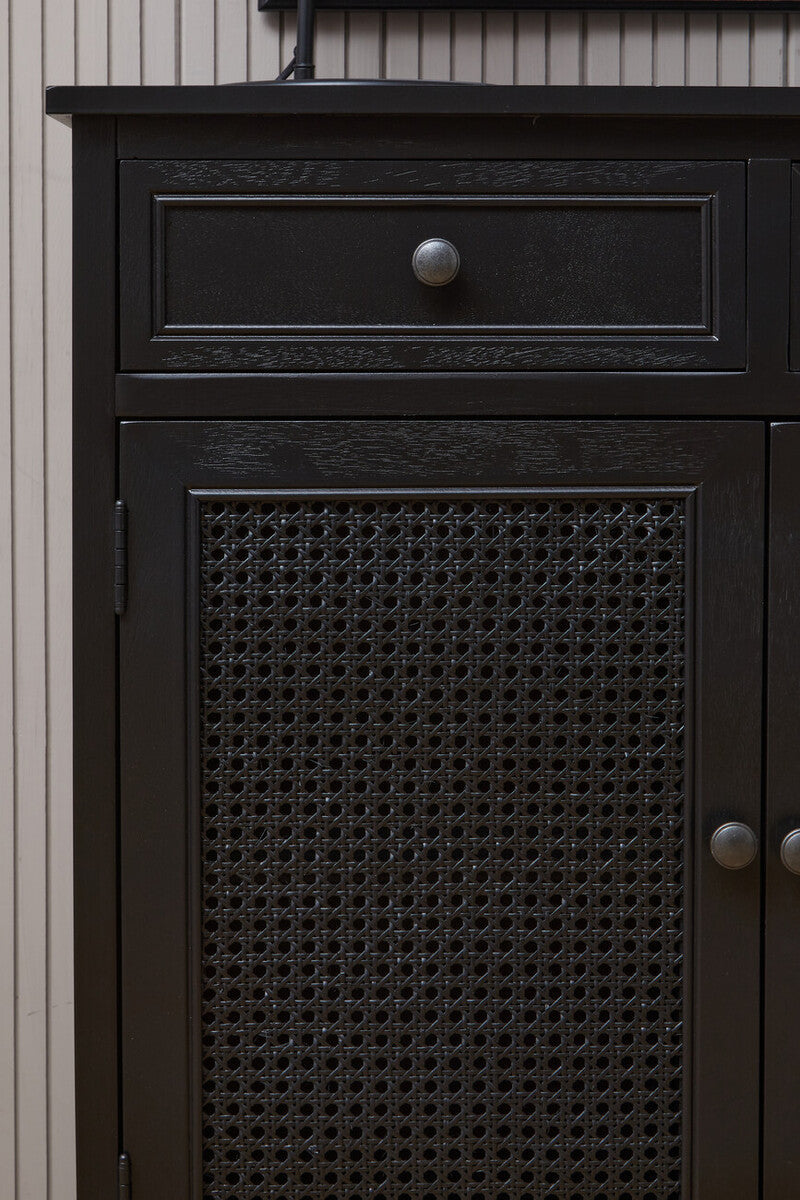 Heritage Black Wooden and Rattan 2 Door Sideboard with Drawers