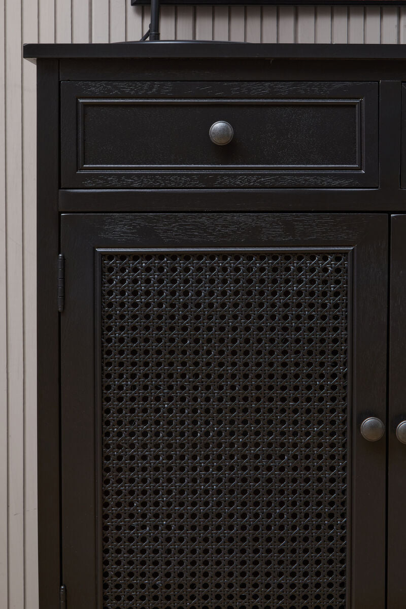Heritage Black Wooden and Rattan 2 Door Sideboard with Drawers