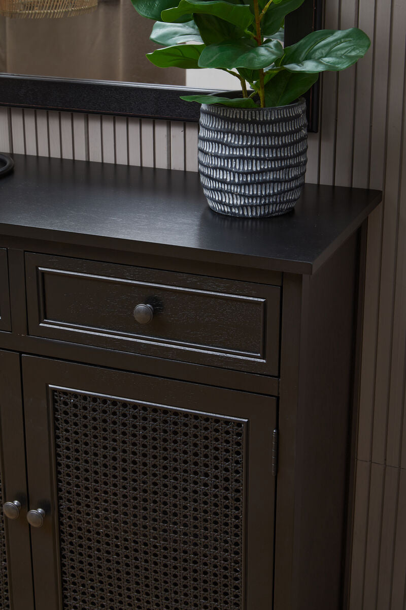 Heritage Black Wooden and Rattan 2 Door Sideboard with Drawers