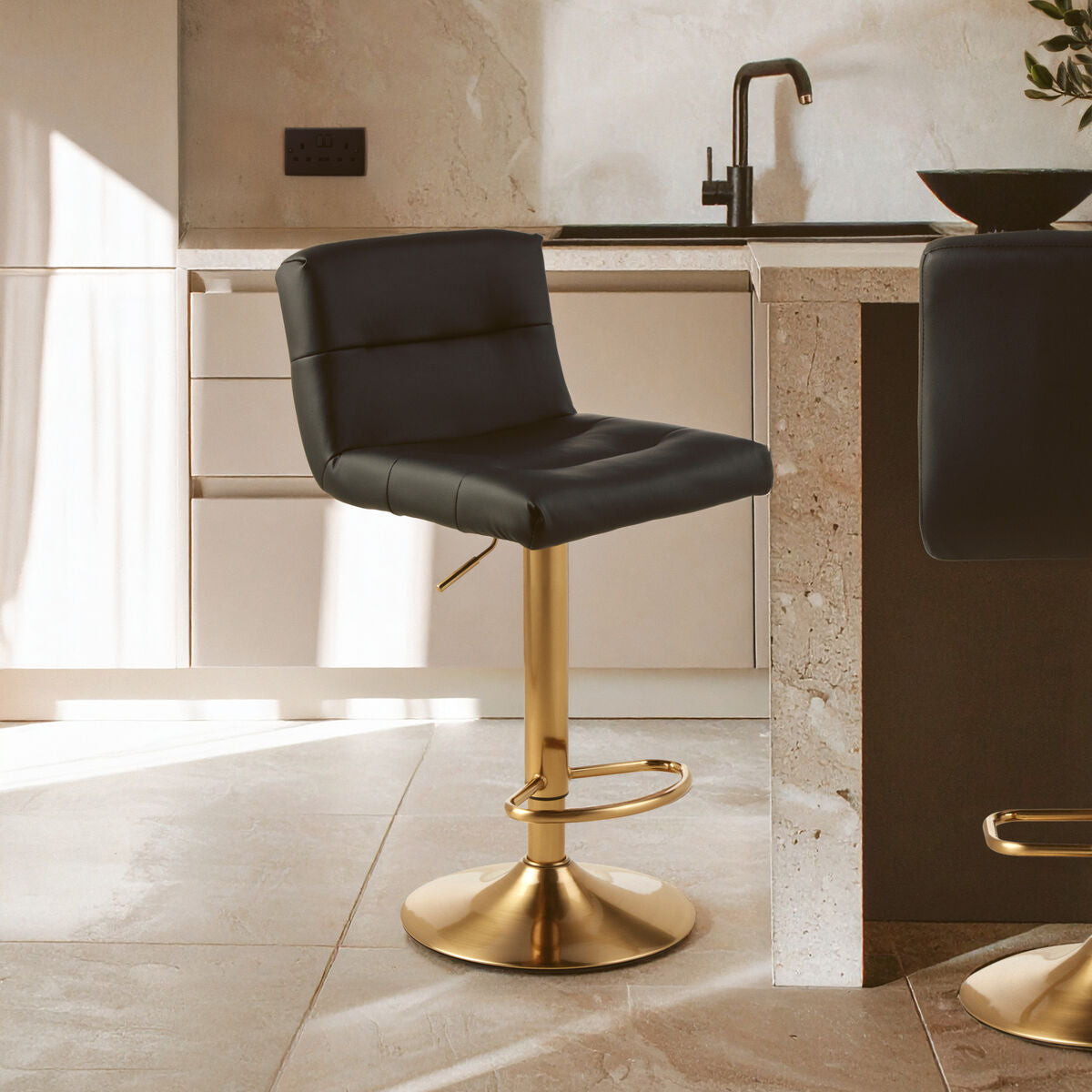 Baina Black Leather Effect Bar Stool with Gold Finish Base