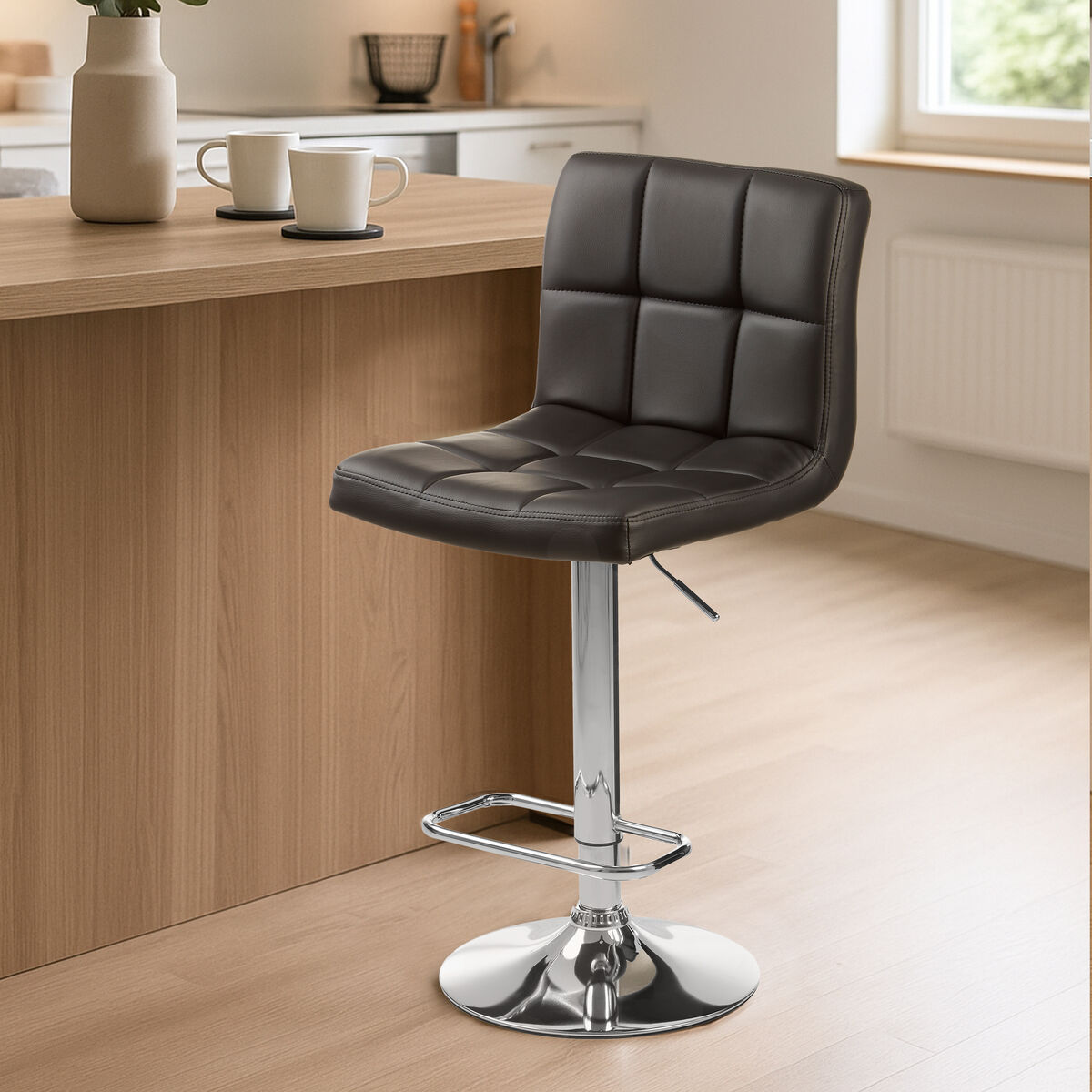 Baina Black Quilted Leather Effect Bar Stool with Chrome Finish Base