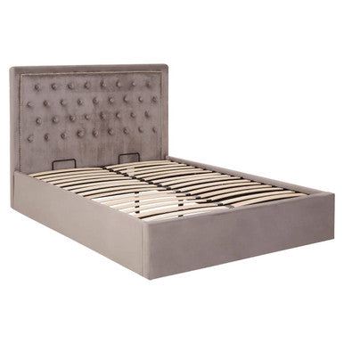 Grey Velvet Ottoman Double Bed