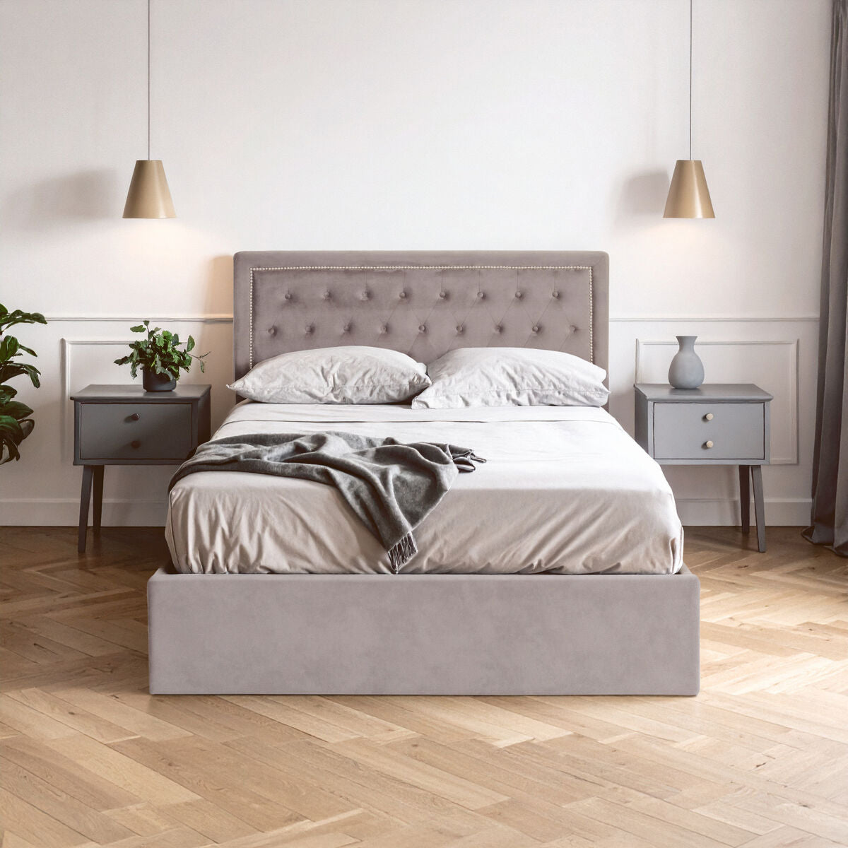 Grey Velvet Ottoman Double Bed