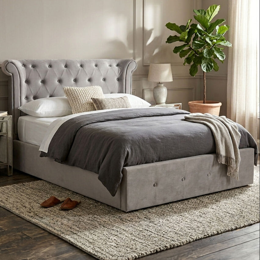 Grey Velvet Ottoman Double Bed