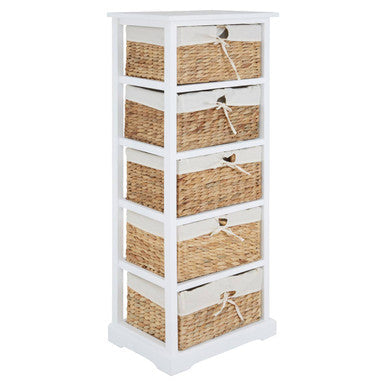 Ashby White Acacia Wood and Water Hyacinth 5 Drawer Chest