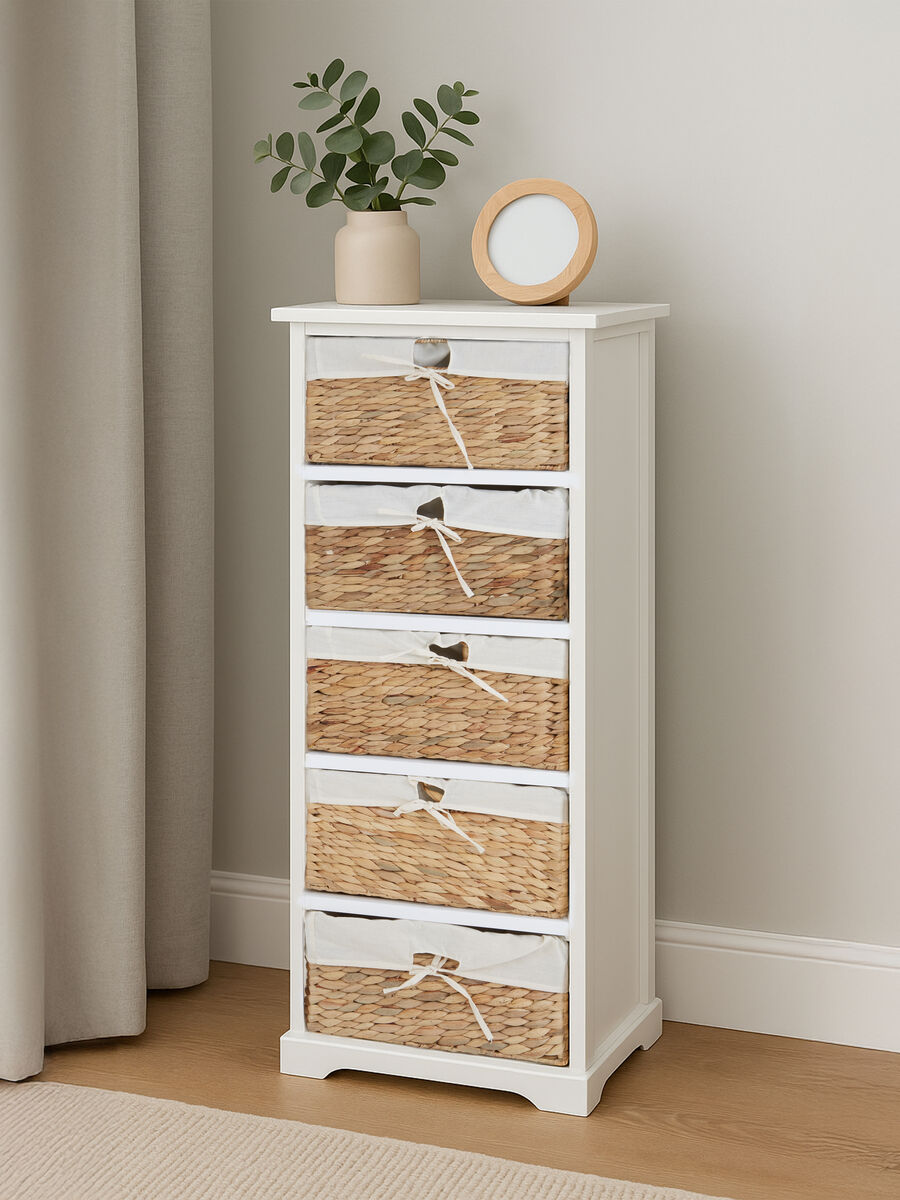 Ashby White Acacia Wood and Water Hyacinth 5 Drawer Chest
