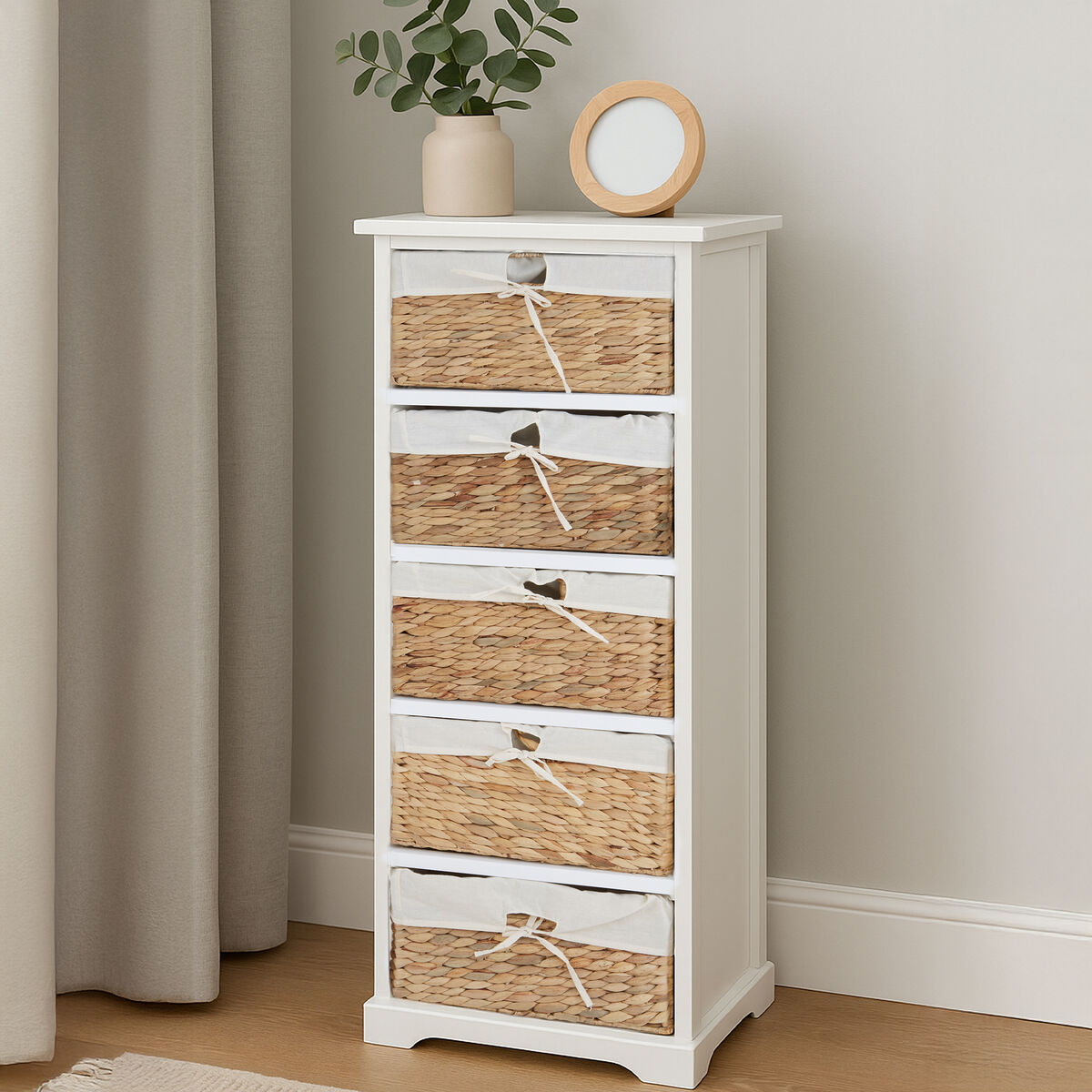 Ashby White Acacia Wood and Water Hyacinth 5 Drawer Chest